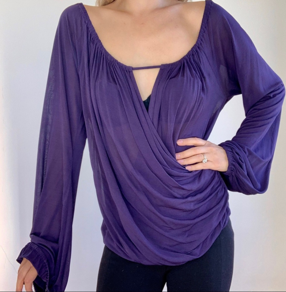 Escada Silk Long Sleeve Wrap Blouse Blue Purple Size 36 Blouson Sleeve FLAW
